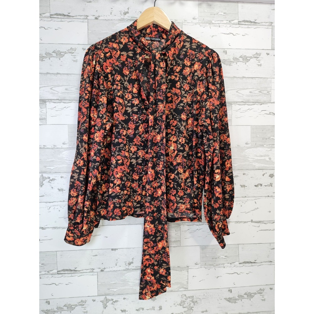 Zara Womens Blouse Medium Bow Tie Neck Ballon Sleeves Floral